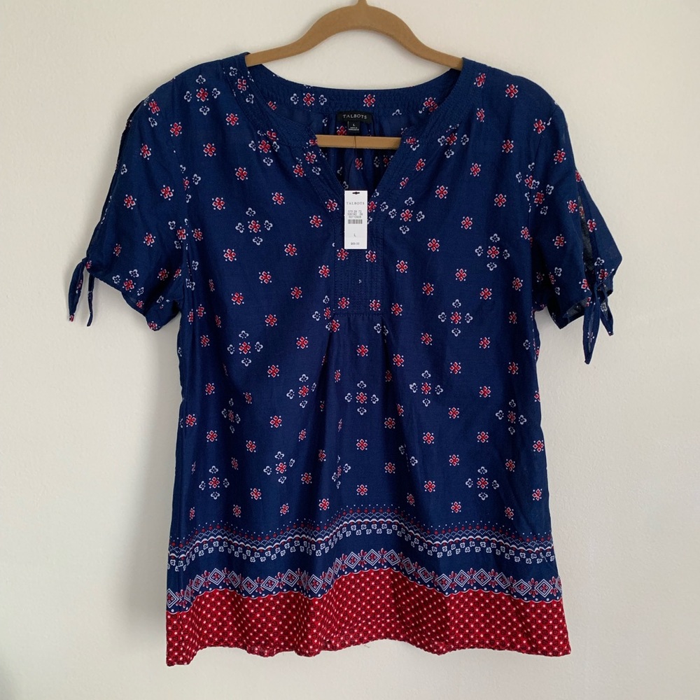NWT Talbots Navy Blue Red Cotton Boho Blouse Top L